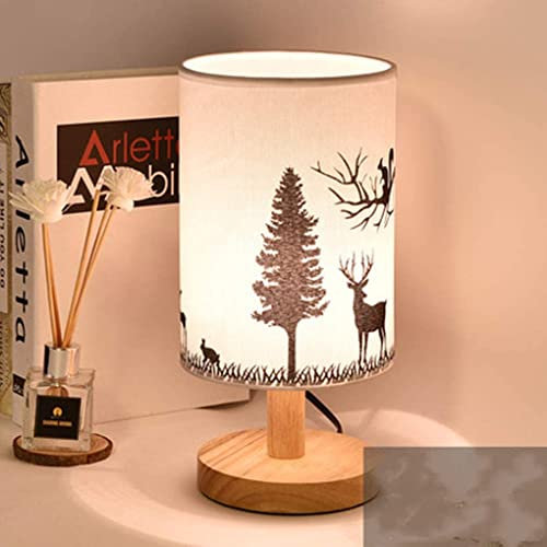 SSNCcNC Hirsch Tischlampe Vintage Holz Tischleuchte Einfache Klassisch Nachttischlampe Stoffschirm E27 Geweih Nachtlicht fur Schlafzimmer Wohnzimmer Kinderzimmer,A