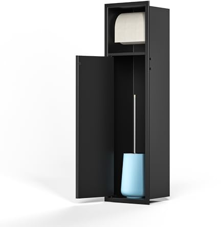 Bernkot Porte-papier toilette encastré en acier inoxydable, module de placard pour WC avec rangement pour papier toilette, meuble de salle de bain avec support porte-papier toilette, 63×15 cm, Noir