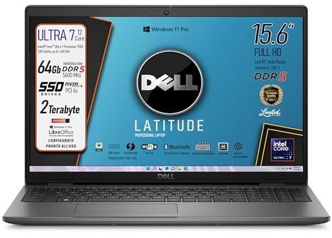 Notebook Dell Latitude, RAM 64 Gb DDR5 5600MHz, Cpu Intel Ultra7 155U 12M Cache, up to 4.80 GHz 12 Core, 15.6 IPS FullHD, SSD 2 Tb, Tastiera Retroilluminata, Fingerprint, Win 11 Pro, Pronto all'Uso