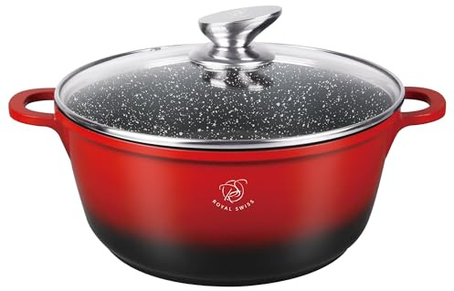 Royal Swiss Kochtopf 28 cm, schwarz & rot, 6l, Marmorbeschichtung, Glasdeckel, geeignet für Induktion & Ofen, Aluminiumguss, abnehmbare Silikongriffe