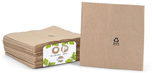 BIOZOYG Umweltfreundliche Bio Servietten aus Recyclingpapier I Hochwertige Papierservietten 33 x 33 cm I 100 Stück Cocktailservietten ungebleicht, biologisch abbaubar, kompostierbar
