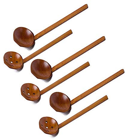 Japanese 8.5 inches Handcrafted Wooden Soup Spoon Ramen Ladle Strainer, Wooden Hot Pot Spoon Strainer Kitchen Tool Set of 6