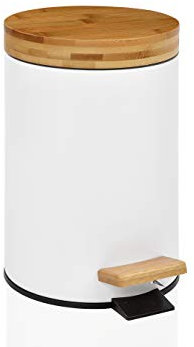 ANDREA HOUSE - Papelera de baño Blanca con Tapa de Madera a Pedal de Cierre Lento Ø17x26cm / 3L