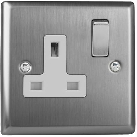 Varilight Single Switched Plug Socket - Classic Brushed Steel With Brushed Steel/White Insert, XT4DW