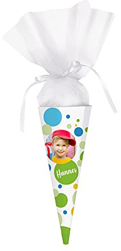 Striefchen® Schultüte mit Foto und Namen Ihres Kindes - eckig, fertig gebastelt Blau 28 cm