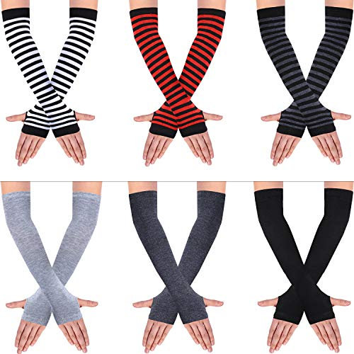 SATINIOR 6 Paare Frauen Lange Fingerlose Handschuhe Stricken Armwärmer Daumenloch Dehnbare Handschuhe (Streifen- und einfarbige Serie)