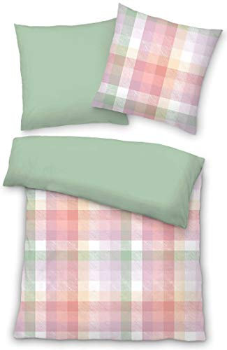 LIVING DREAMS Satin Wende-Bettwäsche KARO Pastell Reine Baumwolle lindgrün rosa modernes Landhaus 155 cm x 220 cm