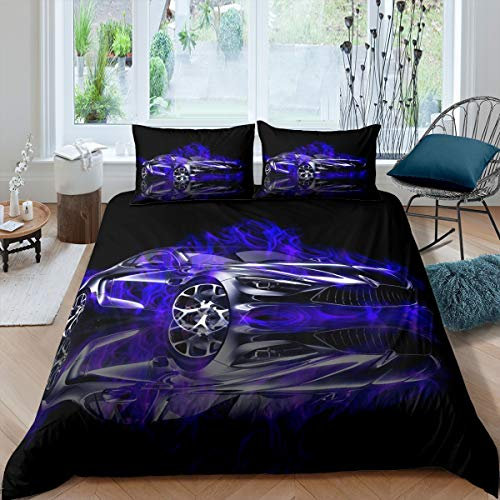 Loussiesd Rennsportwagen Bettwäsche Set 155x220cm Extremsport Thema Bettbezug Set für Jungen Teens Herren Autosportwettbewerb Betten Set Cool Automobile Stil Blau
