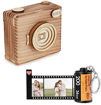 Personalized Photo Keyrings with 10 Photo Pieces Engraving Printing Camera Film Roll Keychains Car Picture Album Keyring Gift for Men Women Valentine's Day Mother's Day (10pcs film roll + camera box)