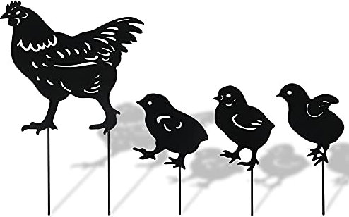 4Pcs Chicken Yard Art Metal Stakes, Garden Insert Hen Sculpture Ornament, Metal Chicken Shape Statue, Chicken Family Lawn Silhouette Garden Art (Black)