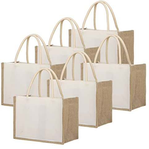 TOPTIE 6 Pezzi Borse Tote in Tela di Cotone con Lati Juta, Borsa juta Regalo Riutilizzabile per la Spesa, Borse di tela di iuta