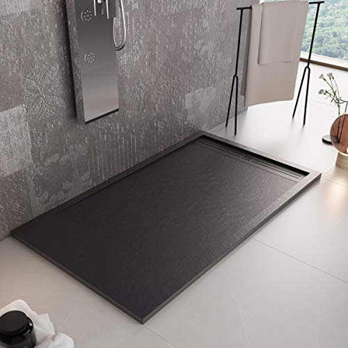Luminosa ArredoBagno Piatto Doccia Marmoresina 90x200 - Effetto Pietra Antiscivolo con GELCOAT - Modello Berlino Colore Nero - Griglia e piletta Incluse