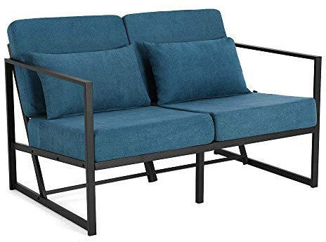 Mingone 2-Sitzer Couch Gepolstertes Sofa Lounge-Sofa Sessel Mit Armlehnen Beinen aus Eisen für Wohnzimmer Schlafzimmer Blau