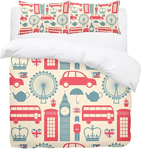 Bettwäsche-Set, Motiv: Londoner Symbole, mit 3D-Druck, 1 Bettbezug und 2 Kissenbezügen, 200,7 x 200,7 cm