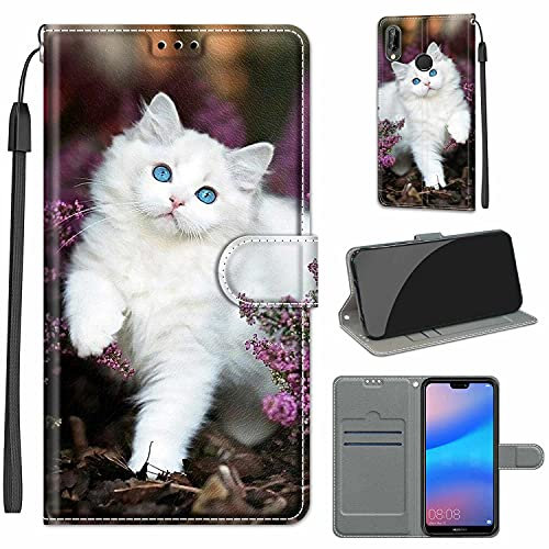 LeviDo Kompatibel für Huawei P20 Lite 2018 Hülle Silikon Lustig Muster Motiv PU Leder Kartenfach Klappbar Magnetisch Flip Hüllen 360 Grad Case Brieftasche Wallet Handyhülle Stoßfest Cover, weiß Katze