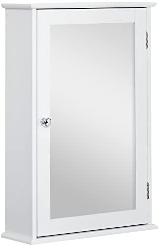 kleankin Armoire Murale de Salle de Bain avec Miroir - Armoire à Glace - Placard de Rangement Toilettes - 1 Porte, 2 étagères - Verre MDF Blanc