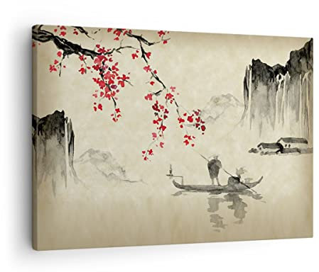 Bilder auf Leinwand Blume Kirschen Japan Leinwandbild mit Rahmen 70x50cm Wandbilder Dekoration Wohnzimmer Schlafzimmer Küche Deko Klein Wanddeko Bild Wand Kunstdruck Art Wall Decor Canvas AA70x50-5020