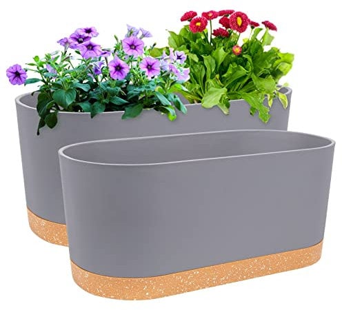 QCQHDU Lot de 2 jardinières avec Trous de Drainage et Soucoupe pour intérieur et extérieur, Style Moderne Gris Clair 40 x 17,8 cm…