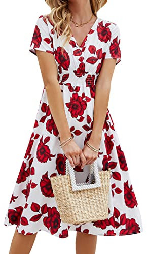 EFOFEI Femme Robe Longue Bohème Fluide Robe Taille Haute Élégante Robe De Fête De Jardin Robe Mi-Longue à Taille Élastiquée Rose Blanc M
