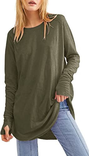 Ebifin Long Sleeve Tops Womens Long Jumpers Crewneck Tunic Tops Loose Fit Sweatshirts with Thumb Holes.Army Green.XXL