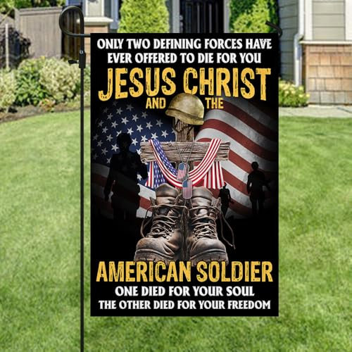 Amerikanische Flagge, US-Veteranentag, Jesus Christus und der amerikanische Soldat TQN1013F, Gartenflagge (29,2 x 44,5 cm), USA-Flagge, Premium-Polyester, dekorative Flagge für drinnen und draußen