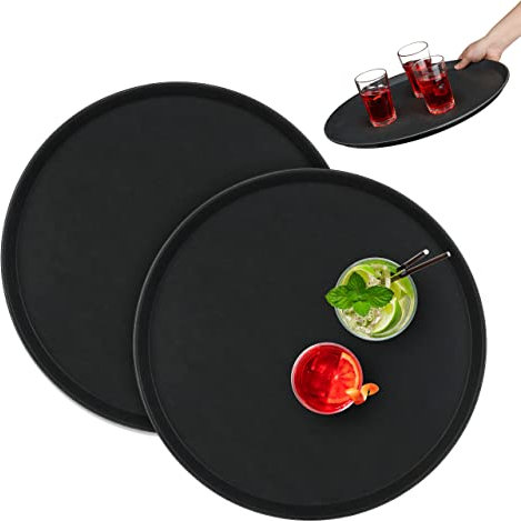 Relaxdays Lot de 2 Plateaux de Service Ronds, diamètre de 45 cm, Surface antidérapante, Restaurant, Noir