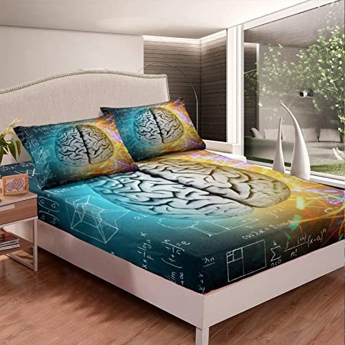 3D Menschliches Gehirn Spannbettlaken 90x200cm, Gemustert Mikrofaser Bettlaken für Kinder Erwachsene, Bettlaken Spannbetttuch 90 x 200 für Matratze bis 30 cm Höhe Mit 1 x Kissenbezügen 80x80 cm