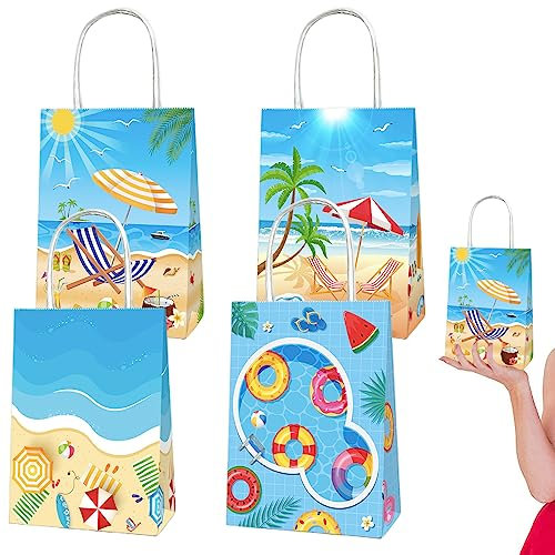 4 Stück Sommer Pool Strand Papier Geschenktüten Süßigkeiten Beutel Mitgebsel Tüten mit Griff Sommer Hawaii Mottoparty Geschenktüten für erwachsener Kindergeburtstag,Giveaways,Party Dekorationen