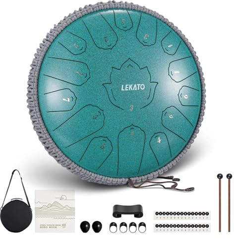 LEKATO Steel Tongue Drum 13 Zoll 15 Noten, Stahllegierung Trommel Anfänger Professionelle Zen Drum Percussion für Meditation Yoga Musikerziehung, Bestes Geschenk für Familien/Freunde, Grün