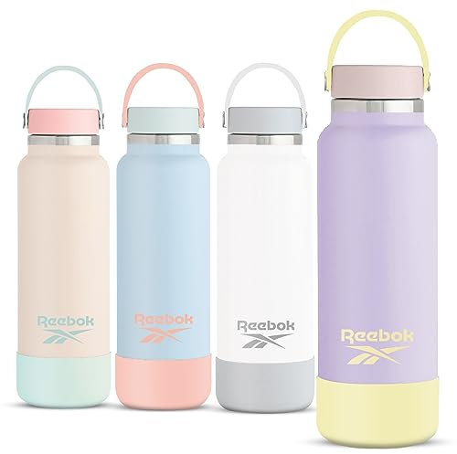 Reebok Borraccia in acciaio inox con manico e design atletico, borraccia termica da 907,2 ml, borraccia sportiva a doppia parete con stivale in silicone, senza BPA, colore: viola