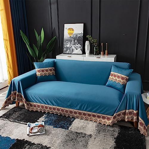 Homxi Sofabezug 3 Sitzer Ecksofa,180x350CM,Sofabezug Einfarbig mit Spitze Überwurf Sofa Chenille Sofa Handtuch Blau Sofahusse