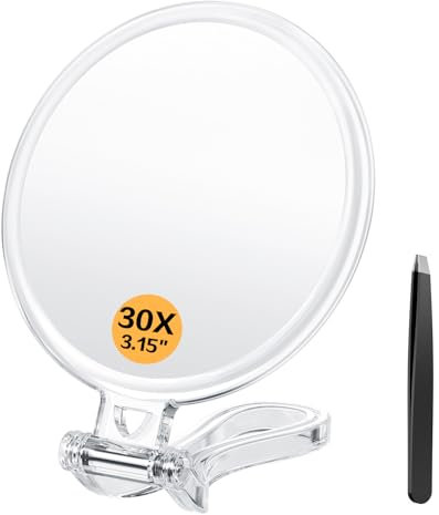Auxmir 30X Vergrößerungsspiegel Handspiegel mit Griff, Doppelseitig Kosmetikspiegel mit 1X/30X Vergrößerung, Faltbar Tragbar Spiegel Reisespiegel für Makeup Gesichtspflege (Φ9,5 cm)