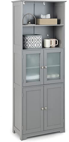GIANTEX Armoire de Salle de Bain Haute à 4 Portes Dont 2 Vitrées, 2 Compartiments Ouverts, Étagères Réglables, Loquets de Porte Magnétiques, Meuble de Rangement pour Salle de Bain, Cuisine (Gris)