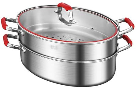 UGCER Fischdampfgarer aus Edelstahl 304, elliptischer gedämpfter Fischtopf, Mehrzweck-Kochgeschirr mit Gestell, Keramikpfanne, Spannfutter zum Kochen von Suppe,Double Layer