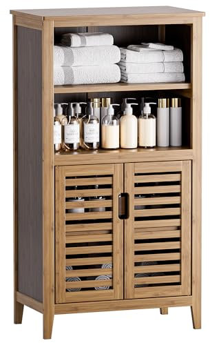 HITNET Armario de Almacenamiento de Baño, Armario de Cocina de Suelo con Puertas y 2 Estantes Extraíbles, Organizador de Mesa Lateral Bambú, Nogal