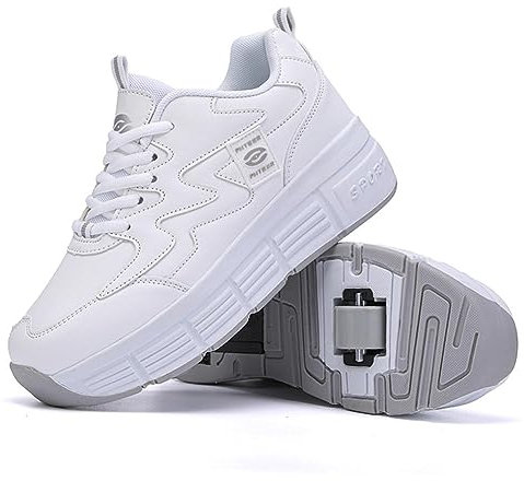 XRDSHY Schuhe Mit Rollen für Junge Mädchen - Kinder Skateboard Sportschuhe, Sneakers Mit Rollen - Weiß, 33EU