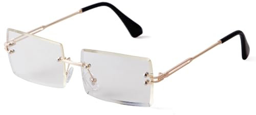 Laurinny Rechteck Randlose Sonnenbrille Herren Rechteckig Brille Viereckig Rahmenlose Sonnenbrille für Frauen Männer(Gold/Klar)