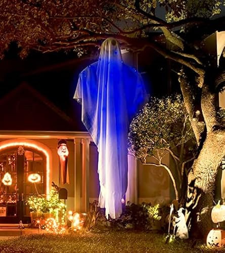Halloween Deko Outdoor Mit Licht, Halloween Deko Horror Hägende Ghost, Halloween Dekoration geister Door Curtain, Halloween Geist zum Aufhängen Halloween Dekoration Party Garten (Blau Licht)
