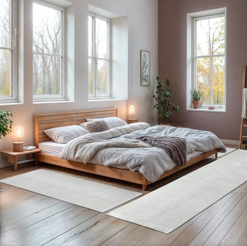 MY-RUG Bettumrandung Wolle Schlafzimmer 3teilig Teppich - 2mal 140x70 und 1mal 300x80cm - Bettvorleger rutschfest Läufer Deko