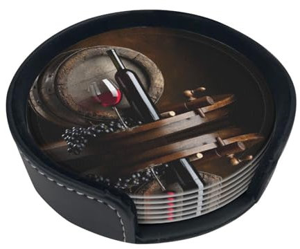 Rotweinflaschen-Glasuntersetzer 6er Set, runde Lederuntersetzer, bedruckte Untersetzer, geeignet für alle Arten von Tassen, Haushaltsuntersetzer