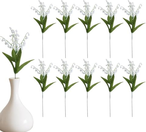 Künstliche Maiglöckchen – Realistische Seidenlilienblumen, 10 Stück künstliche weiße Glocken, hochwertige künstliche Blumenarrangements, Mai-Blumen für Heimdekoration, Zentren