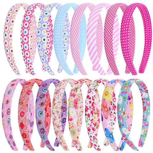 Yoosit 16 Pieces Candy Colors Floral Printed Elastic Plastic Headbands for Girls Wide Cloth Covered Hair Bands for Kids Pink Fabric Lined Hairbands Birthday Party Headpieces for Little Girls