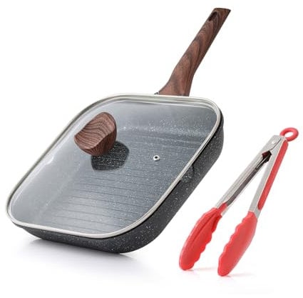 Kordisen Nonstick Grilling Pan with Lid for Stove Tops, 28cm Square Grill Pan for Indoor Cooking, Skillet with Healthy Coating and Pour Spouts, Induction Compatible Cookware, PFOA-Free