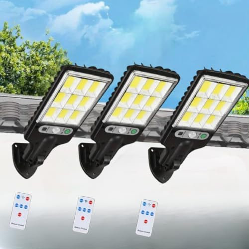KYNTHIA Focos LED Solares Exterior con Sensor de Movimiento - Pack 3 Farolas Solares Potentes IP65 Impermeables - Luces Jardín Seguridad 3 Modos Ajustables - Mando a Distancia Incluido