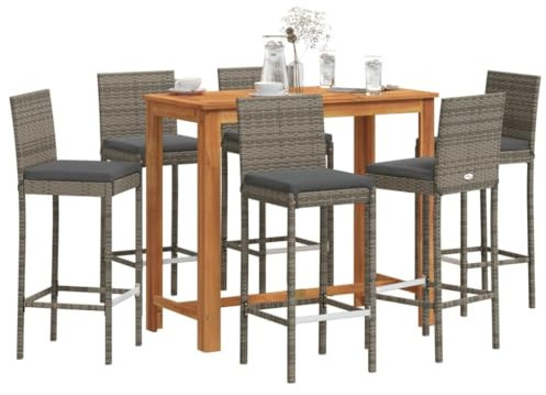 Tidyard 7-TLG.Gartenbar-Set Garten-Bar-Set Sitzgruppe Essgruppe Tresen Gartentheke Bartisch Bistro-Set Stehtisch Barhocker Barstuhl Gartenmobel Balkonmobel Grau Massivholz Akazie und Poly Rattan