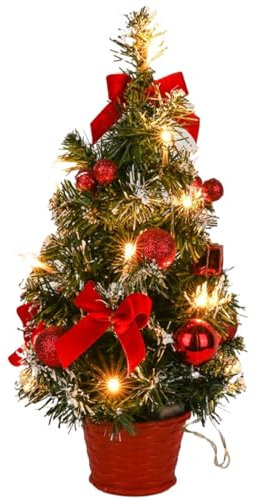 Tree di Natale da tavolo, mini di Natale da 15,8 '' in plastica con luce a LED, albero di Natale artificiale rosso, scrivania in miniatura, mini pino