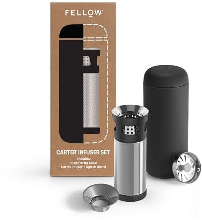 Fellow Carter Tea + Cold Brew Infuser & Carter Move 16 oz Tumbler Set - Steep Tea On-The-Go - Vacuum-Insulated Stainless Steel Travel Mug w/Snap-in Infuser for Steeping Tea, Cold Brew, Matte Black