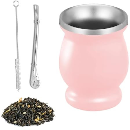 Set Mate, Juego de Té Compañero de Acero Inoxidable, Taza de Mate de 260 ml, de Doble Pared, con Cuchara Pajita y Cepillo de Limpieza, Taza Fácil de Limpiar, para Mate, Café (Rosa)