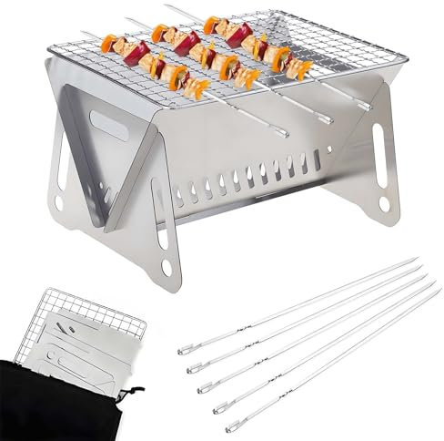 FZYCOM Mini Barbecue avec 5 Pcs Inox Brochettes, Grille Barbecue Pliable, Barbecue Portable Mini Barbecue à Charbon Pliable BBQ Grill Barbecue, Réchaud de Cuisson Portable, Pique-niques, Camping