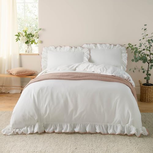 furn. Wylder Blousey Cotton Ruffle Duvet Cover Set – Ruffled Trim Luxury Bedding (Pink – Super King)
